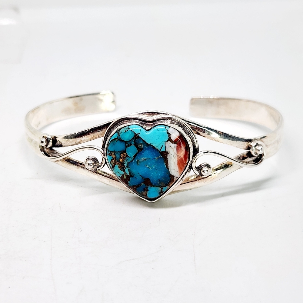 Sterling Silver Cuff Bracelet Bangle Turquoise Copper Oyster Heart Mosaic Inlay